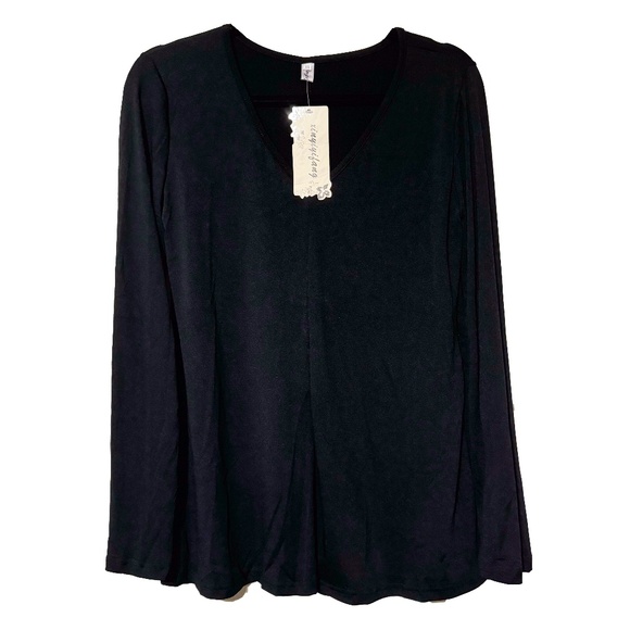 NEW WITH TAGS Xinyiyifang Black V-Neck Solid Long Sleeve Shirt Flow Top Sz XL - Picture 1 of 4